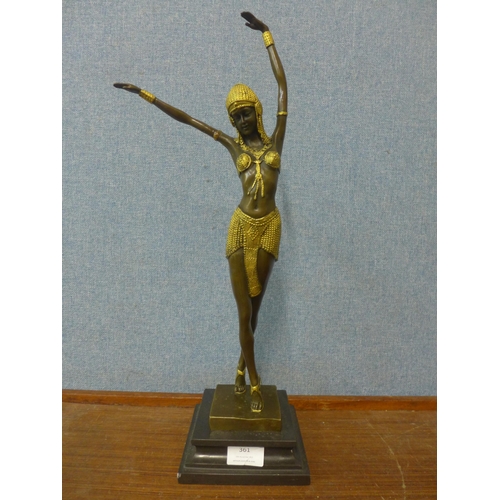 361 - An Art Deco style bronze and parcel gilt figure of an exotic female dancer, on marble socle