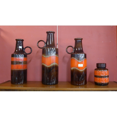 44 - Four West German brown and orange glazed pottery vases