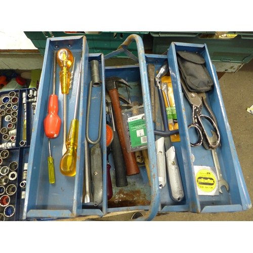 2043 - A metal cased socket set, a Melco wheel nut wrench and a metal cantilever toolbox containing a mixed... 