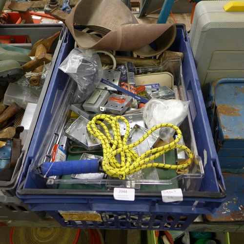 2044 - Two trays of assorted hand tools, consumables and wellies