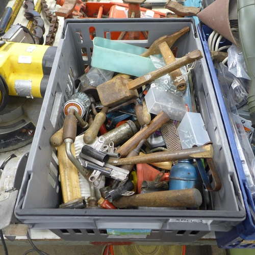 2044 - Two trays of assorted hand tools, consumables and wellies