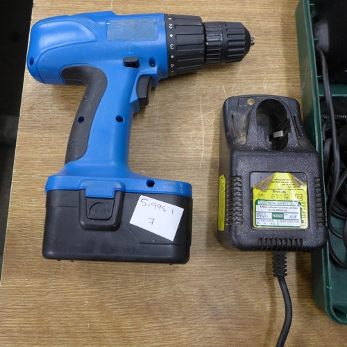 2050 - A Bosch PSB 24 VE-2 hammer drill with two batteries and charger in case, with a Tesco drill