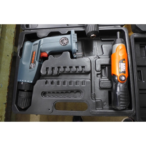 2053 - Five power tools:- Hilka 420w drill, Black and Decker electric screwdriver, Maplin 18v cordless dril... 