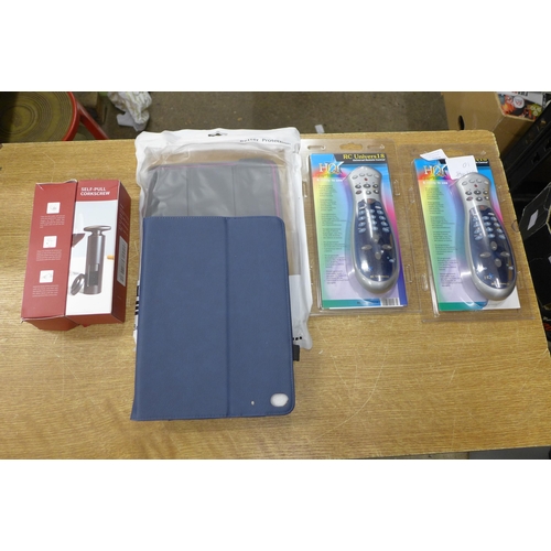 2083 - 2 Self-pull corkscrews, 2 Universal TV remote controls and 2 tablet PC cases - all sealed