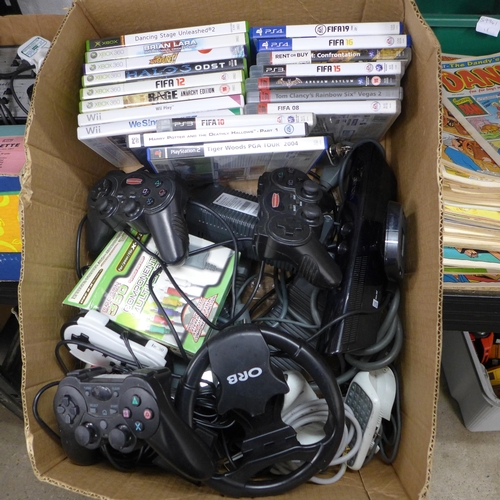 2095 - A box of assorted console gaming  equipment:- games, remotes and accessories