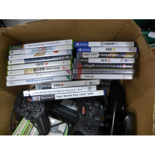 2095 - A box of assorted console gaming  equipment:- games, remotes and accessories