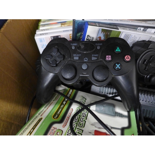 2095 - A box of assorted console gaming  equipment:- games, remotes and accessories