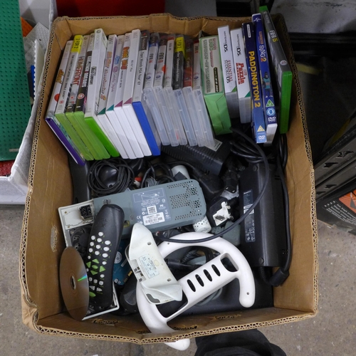 2102 - A box of assorted gaming equipment:- games, remotes and accesories