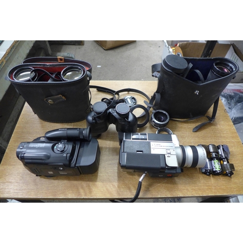 2108 - Three pairs of binoculars, six unused 35mm film reels and camera equipment