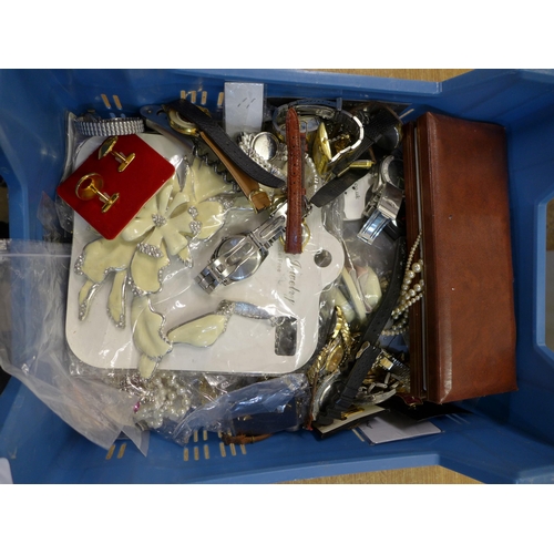 2128 - A box of costume jewellery and watches