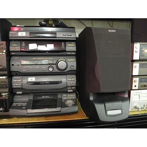 2182 - A Sony stereo system (LBT-XB50), a hi-fi system with turntable (PS-LX56) and two speakers and contro... 