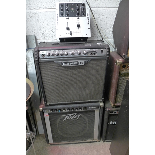 2223 - A Line 6 Spider III 30 amp, a Peavey Bandit Solo Series with Numark M101 DJ mixer