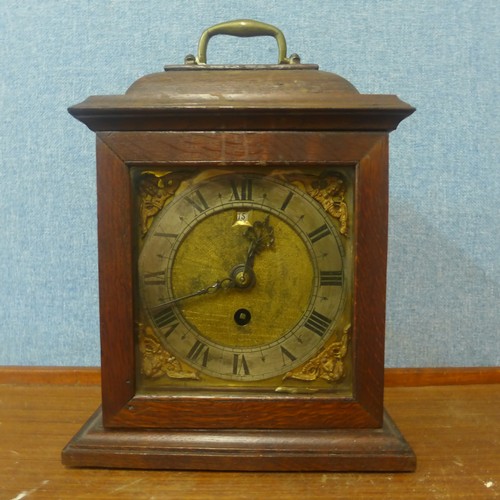 350 - An oak cased fusee bracket clock, the brass back plate signed Fred White, Great Haywood