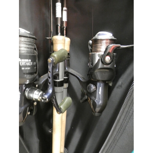 2528 - Two Wychmood fishing rods with  undertaker reels and match rod bag