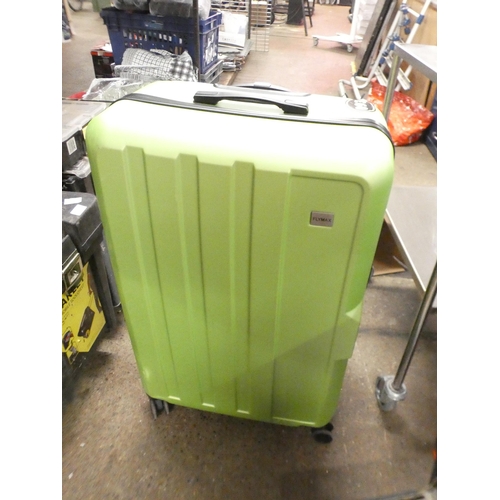 2542 - A large green plastic luggage case and a black leather briefcase with double combination lock