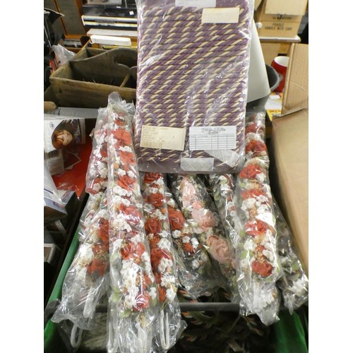 2450 - A box of upholstery trims and artificial flowers