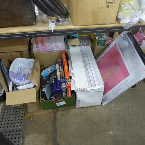 2395 - 2 Boxes of assorted household items, a noticeboard and light set