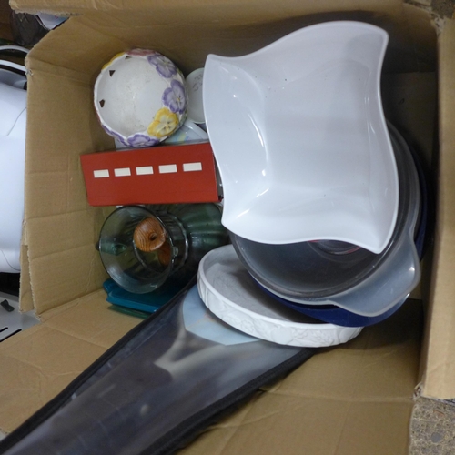 2395 - 2 Boxes of assorted household items, a noticeboard and light set