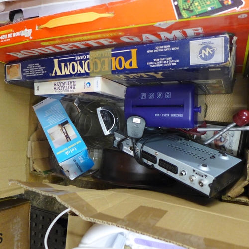 2395 - 2 Boxes of assorted household items, a noticeboard and light set