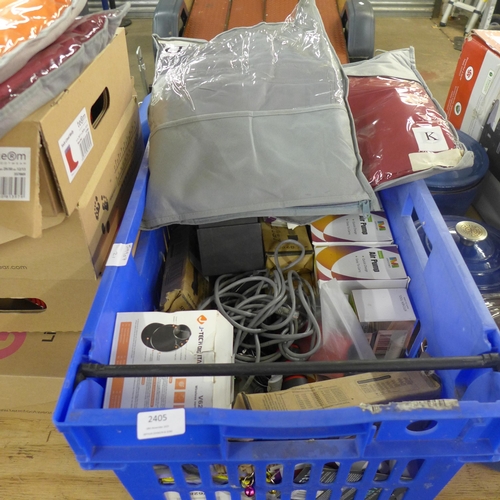 2405 - A box of assorted unused items including air pumps, Sleep Comfortable pillows, digital wireless mous... 