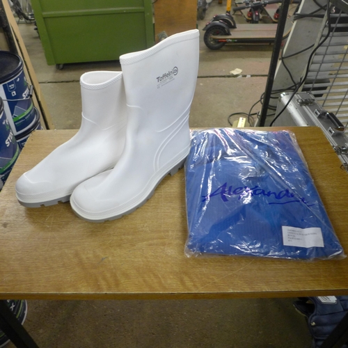 2446 - Three boxes of food production white Wellington boots and three pairs of scrub trousers