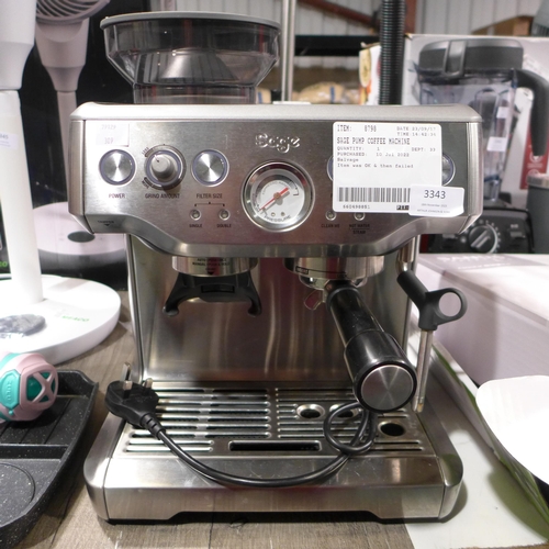 3343 - Sage Pump Coffee Machine  , Original RRP £449.99 + vat     (309-135)   * This lot is subject to vat