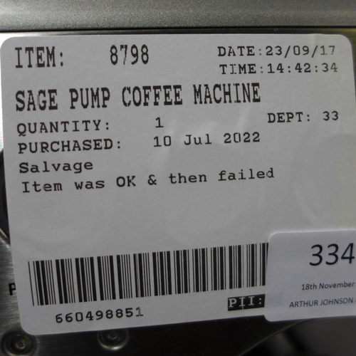 3343 - Sage Pump Coffee Machine  , Original RRP £449.99 + vat     (309-135)   * This lot is subject to vat