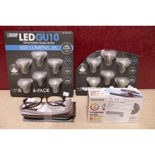 3108 - LED GU10 Bulbs, Reading Glasses & Salter Luggage Scale (309-44,345,350,351,357)   * This lot is subj... 