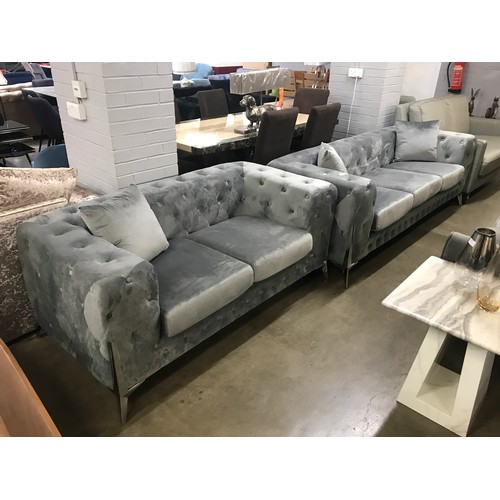 1344 - A Matrix grey buttoned velvet three and two seater sofa * This lot is subject to VAT
