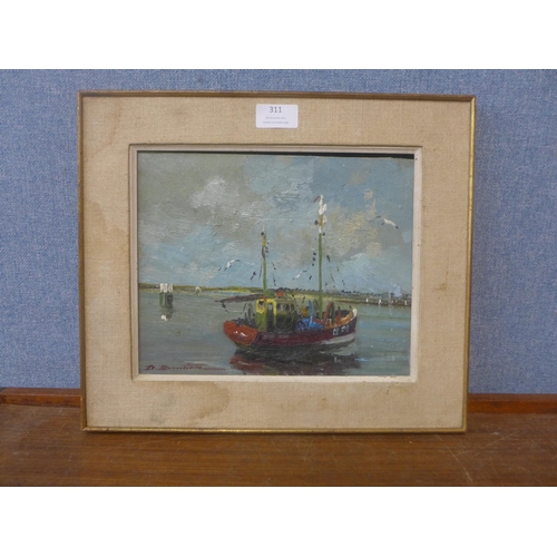 335 - French Impressionist School, fishing trawler in a harbour, oil on canvas, indistinctly signed, frame... 