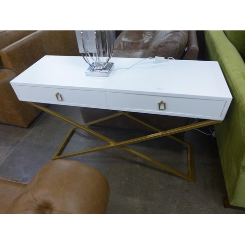 1460 - A white two drawer console table with gold legs