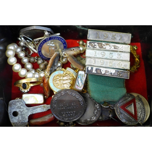 615 - Two boxes of costume jewellery, badges and medallions
