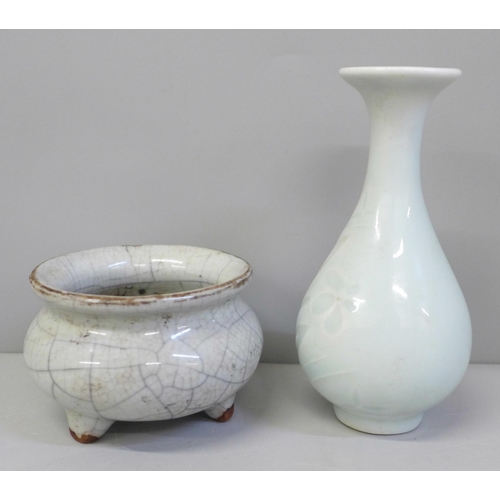 623 - A Chinese Celadon vase, rim a/f, 11.3cm and a Chinese crackle glaze three footed pot