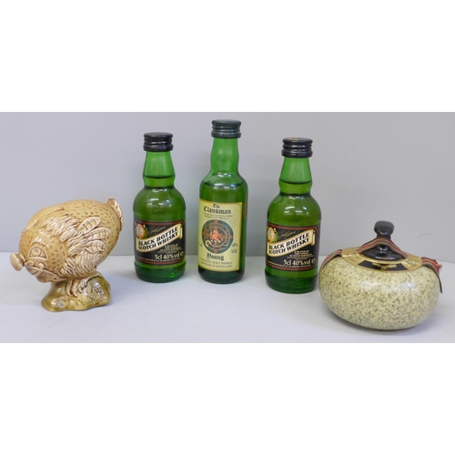 626 - A Beswick Haggis whisky decanter, a Beneagles curling stone whisky decanter and three miniature whis... 