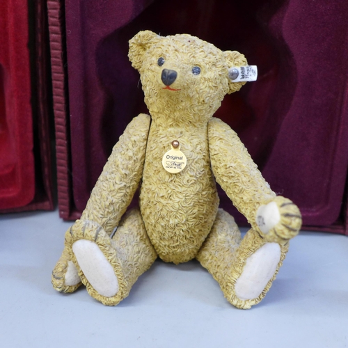629 - Four Steiff porcelain Teddy bears, Lavender, 1904 Barle, Brown Tipped (legs loose) and Millennium, b... 