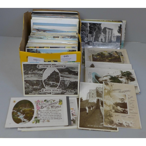 645 - Postcards; a box of postcards, vintage to modern