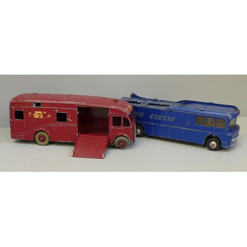 648 - A Corgi Racing Car Transporter and a Dinky Express Horse Box Hire Service vehicle, playworn