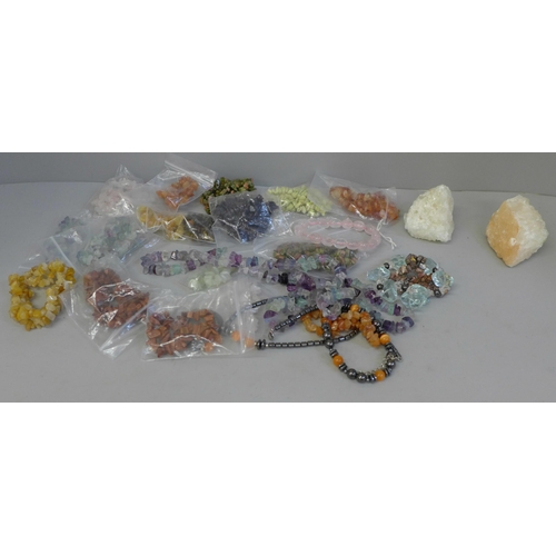 649 - A collection of gemstone bracelets and two crystal geodes