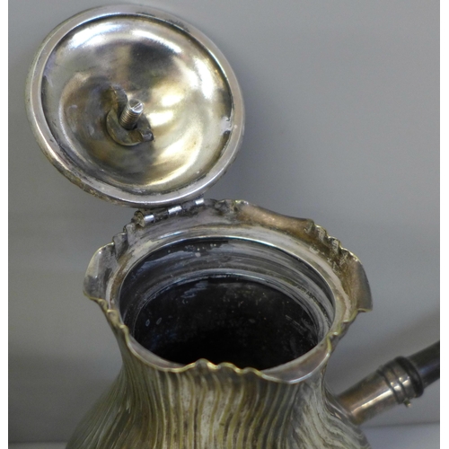 654 - A silver plated chocolate pot and pierced bon-bon basket