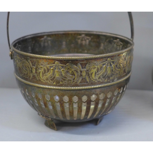 654 - A silver plated chocolate pot and pierced bon-bon basket