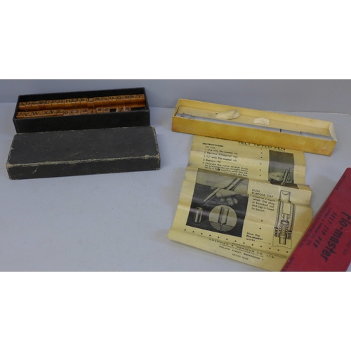 656 - A miniature printer's block set and a Flo-Master felt tip pen by Esterbrook Pen Co. Ltd.,