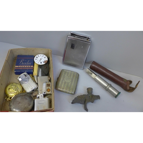 661 - A box of assorted items; cigarette lighters, cigarette case, pocket watch, etc.