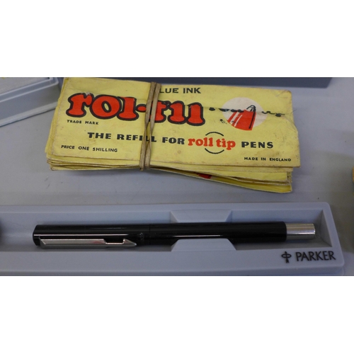 664 - A box of calligraphy pen sets, a Waterman ballpoint pen, Yafa fountain pen, etc.