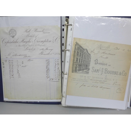 682 - Paper ephemera; a file of bill heads, receipts, correspondence, etc., from 1880s onwards