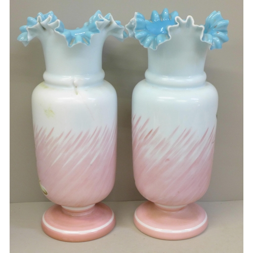 691 - A pair of opaline glass vases, a pair of stoneware bottle vases, one a/f and a Moorcroft pin dish **... 