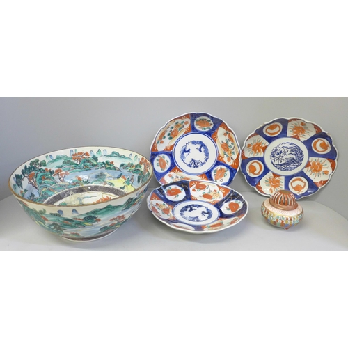 692 - Three Imari dishes, one with chip to rim, a large Chinese bowl, damaged and restored and a pot pourr... 