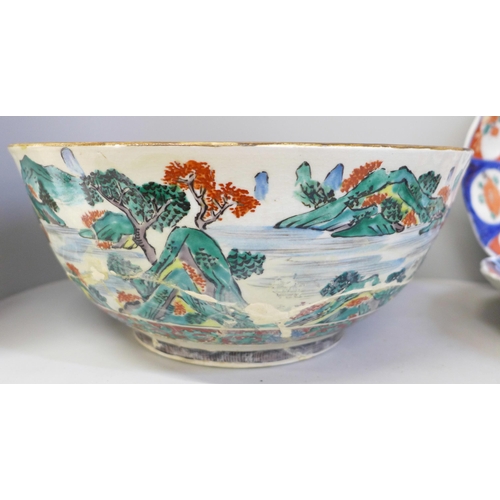 692 - Three Imari dishes, one with chip to rim, a large Chinese bowl, damaged and restored and a pot pourr... 