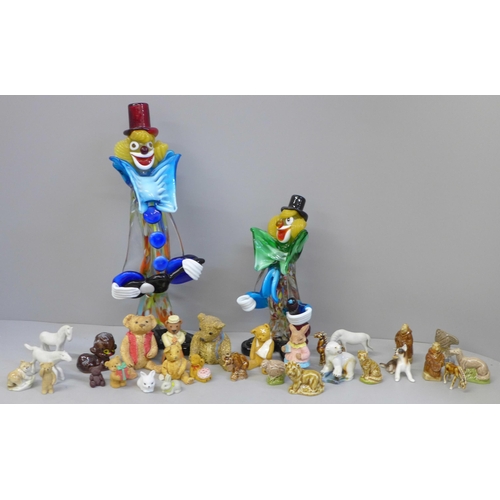 720 - Two Murano label glass clowns, miniature bisque animals, Whimsies and others