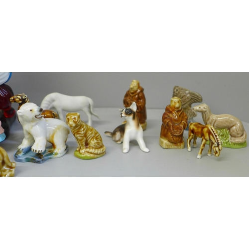 720 - Two Murano label glass clowns, miniature bisque animals, Whimsies and others