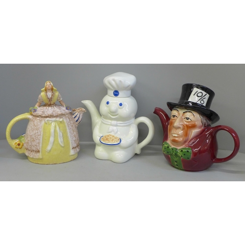 721 - A Dutch lady teapot regd. 827637, Tony Wood Mad Hatter teapot and Pillsbury Dough Boy teapot NY